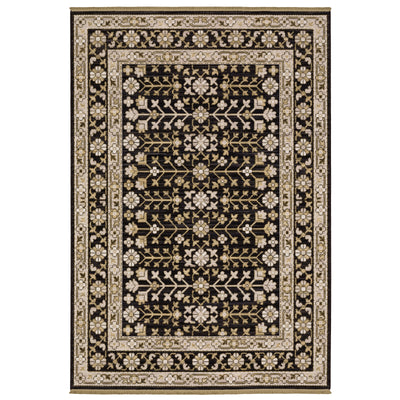 Acacia ACA10 Black/Beige traditional area rug with dramatic black and beige palette, multicolor accents, wool nylon texture, and fringe.