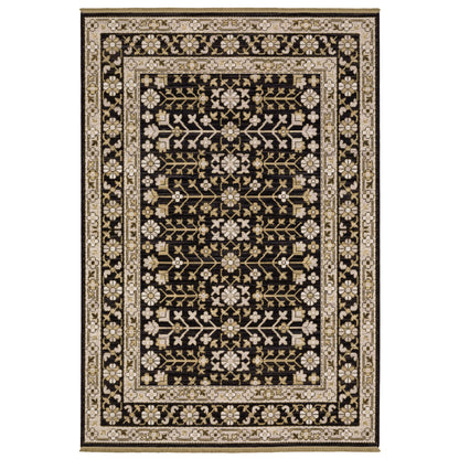 Acacia ACA10 Black/Beige traditional area rug with dramatic black and beige palette, multicolor accents, wool nylon texture, and fringe.