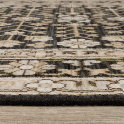 Acacia ACA10 Black/Beige traditional area rug with dramatic black and beige palette, multicolor accents, wool nylon texture, and fringe.
