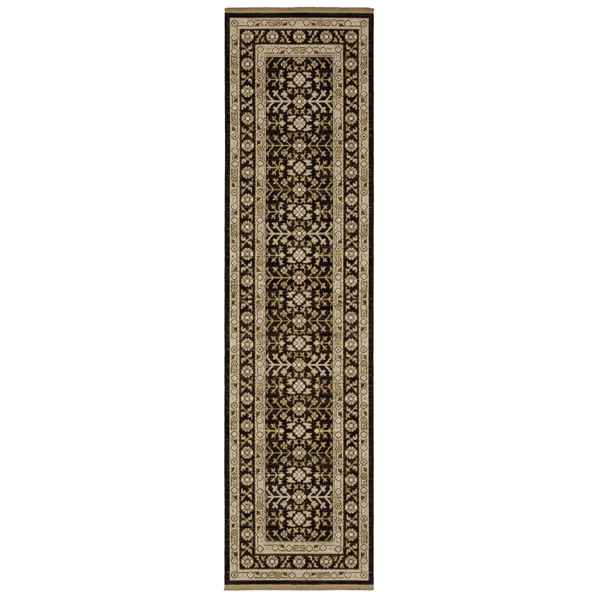 Acacia ACA10 Black/Beige traditional area rug with dramatic black and beige palette, multicolor accents, wool nylon texture, and fringe.