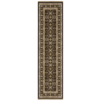Acacia ACA10 Black/Beige traditional area rug with dramatic black and beige palette, multicolor accents, wool nylon texture, and fringe.