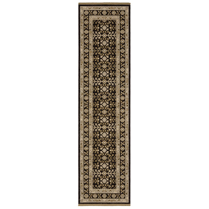 Acacia ACA10 Black/Beige traditional area rug with dramatic black and beige palette, multicolor accents, wool nylon texture, and fringe.