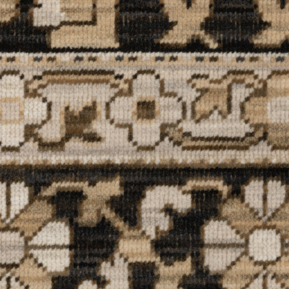 Acacia ACA10 Black/Beige traditional area rug with dramatic black and beige palette, multicolor accents, wool nylon texture, and fringe.