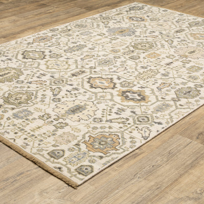 Acacia ACA11 Beige/Gold classic area rug with warm beige and gold tones, traditional pattern, wool nylon construction, and cotton fringe.