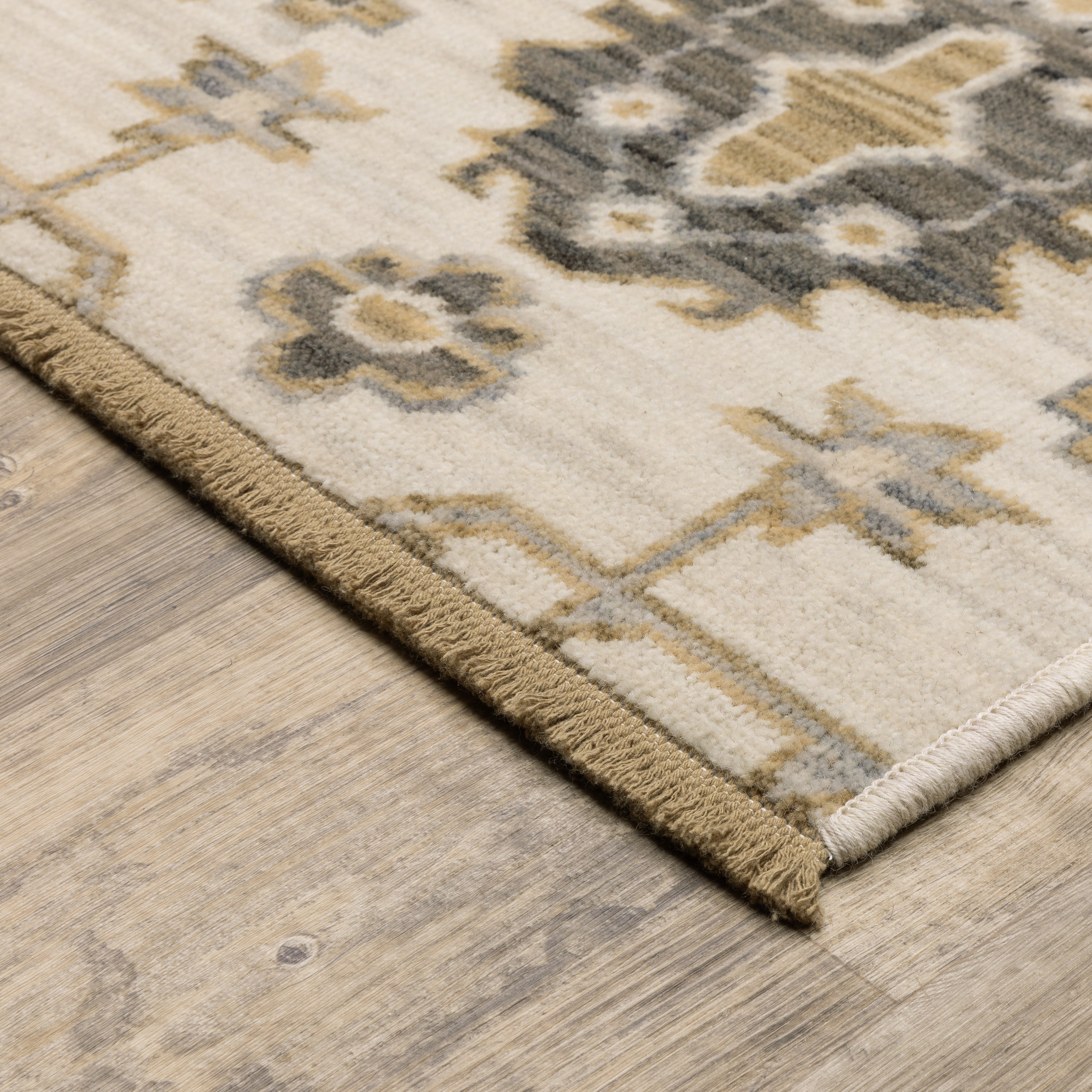 Acacia ACA11 Beige/Gold classic area rug with warm beige and gold tones, traditional pattern, wool nylon construction, and cotton fringe.