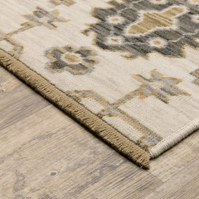 Acacia ACA11 Beige/Gold classic area rug with warm beige and gold tones, traditional pattern, wool nylon construction, and cotton fringe.