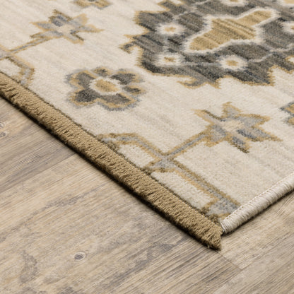 Acacia ACA11 Beige/Gold classic area rug with warm beige and gold tones, traditional pattern, wool nylon construction, and cotton fringe.