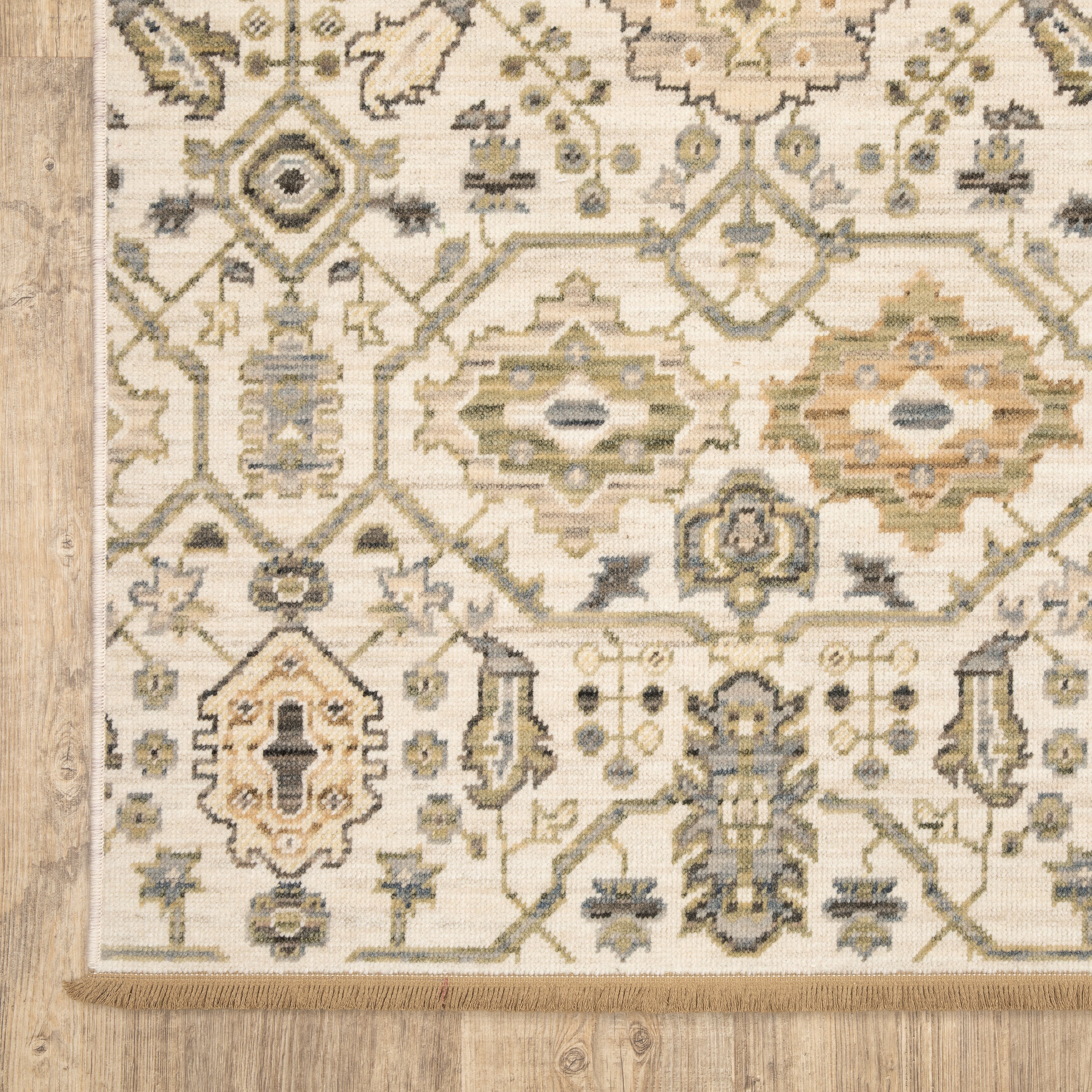 Acacia ACA11 Beige/Gold classic area rug with warm beige and gold tones, traditional pattern, wool nylon construction, and cotton fringe.