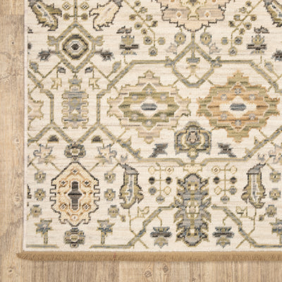 Acacia ACA11 Beige/Gold classic area rug with warm beige and gold tones, traditional pattern, wool nylon construction, and cotton fringe.