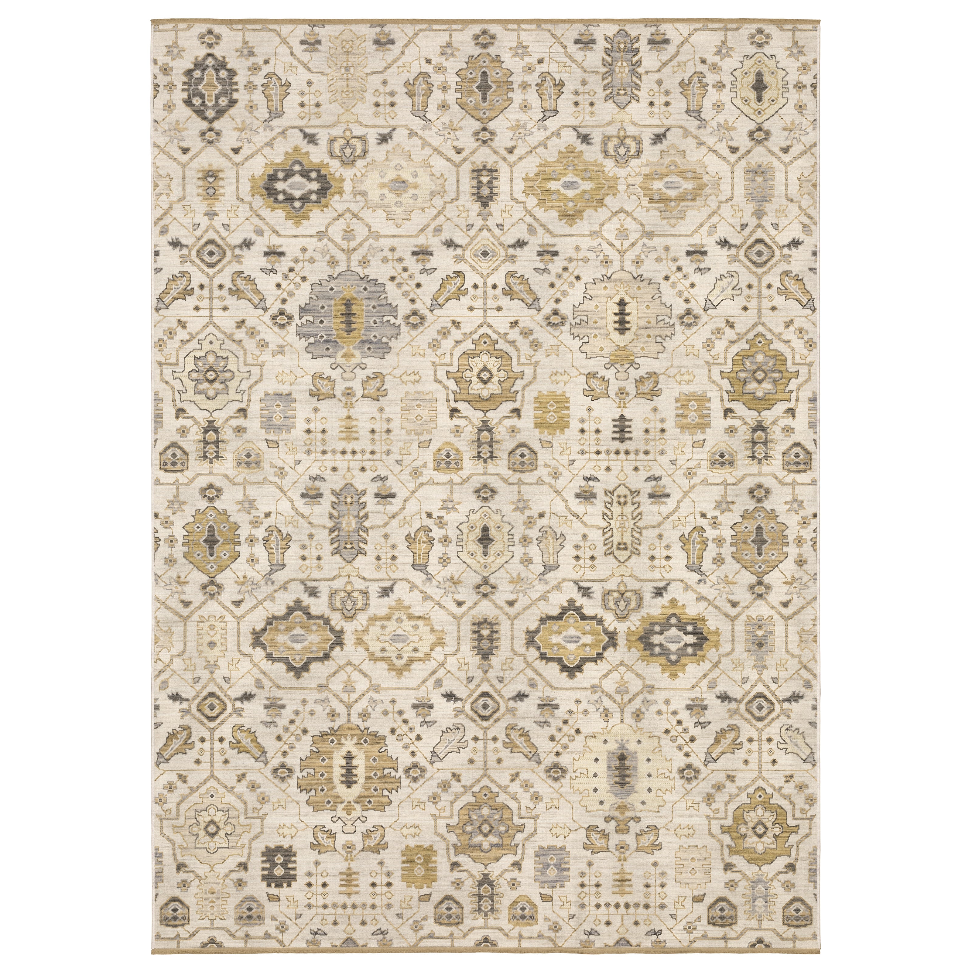 Acacia ACA11 Beige/Gold classic area rug with warm beige and gold tones, traditional pattern, wool nylon construction, and cotton fringe.