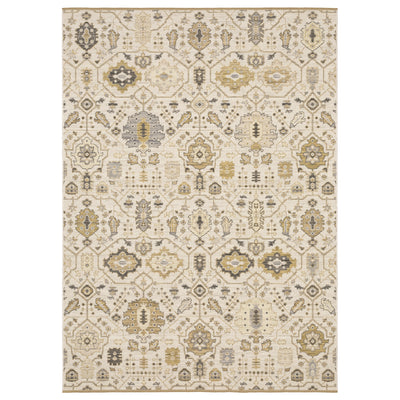 Acacia ACA11 Beige/Gold classic area rug with warm beige and gold tones, traditional pattern, wool nylon construction, and cotton fringe.