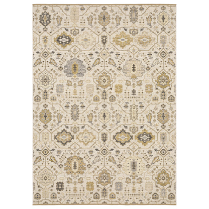 Acacia ACA11 Beige/Gold classic area rug with warm beige and gold tones, traditional pattern, wool nylon construction, and cotton fringe.