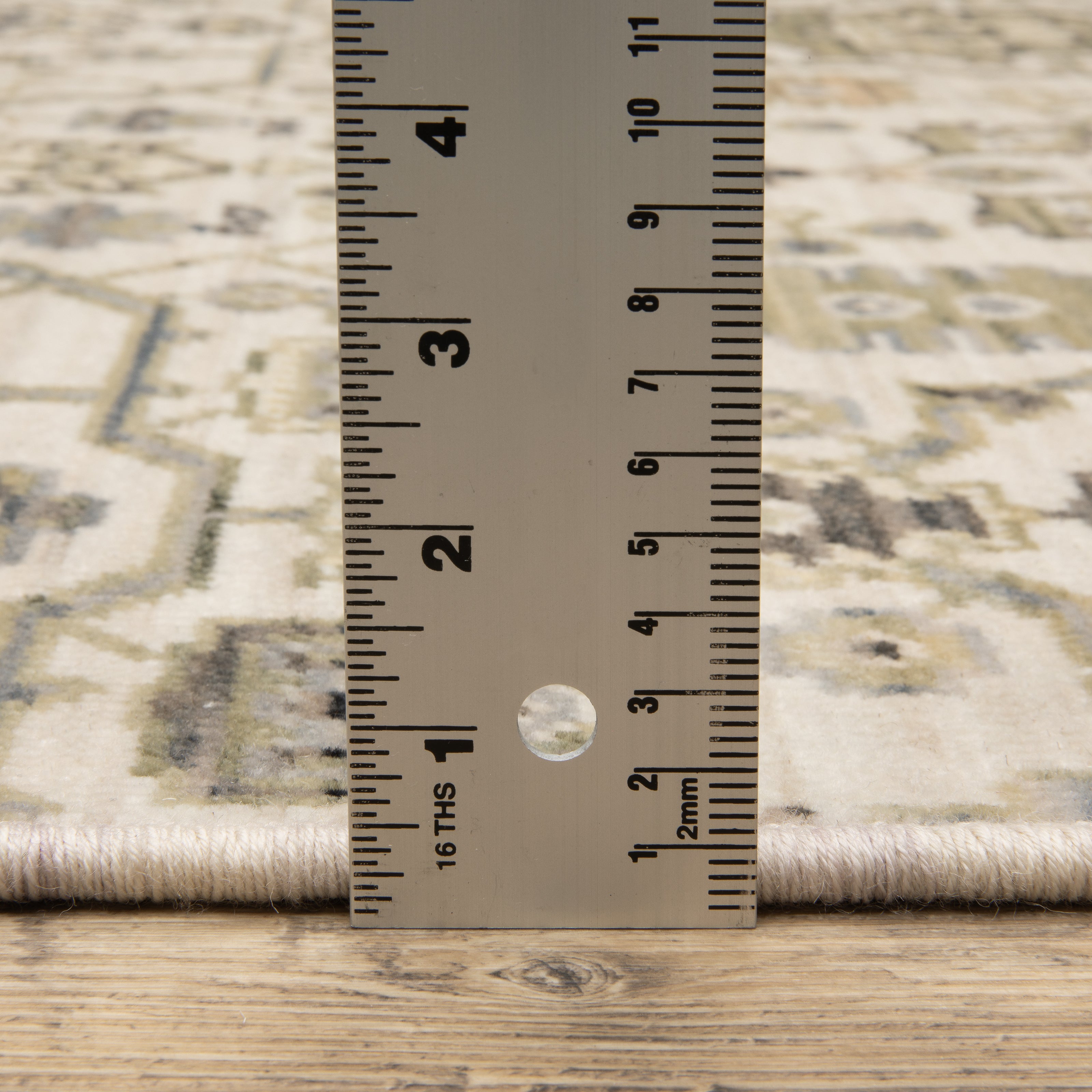 Acacia ACA11 Beige/Gold classic area rug with warm beige and gold tones, traditional pattern, wool nylon construction, and cotton fringe.