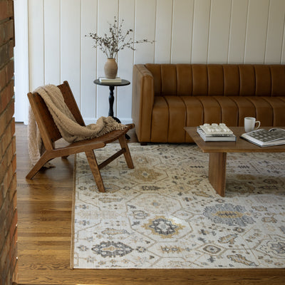 Acacia ACA11 Beige/Gold classic area rug with warm beige and gold tones, traditional pattern, wool nylon construction, and cotton fringe.