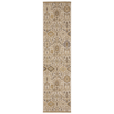 Acacia ACA11 Beige/Gold classic area rug with warm beige and gold tones, traditional pattern, wool nylon construction, and cotton fringe.