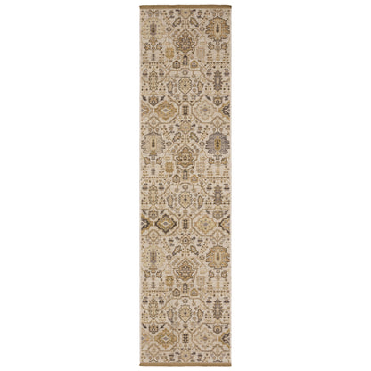 Acacia ACA11 Beige/Gold classic area rug with warm beige and gold tones, traditional pattern, wool nylon construction, and cotton fringe.