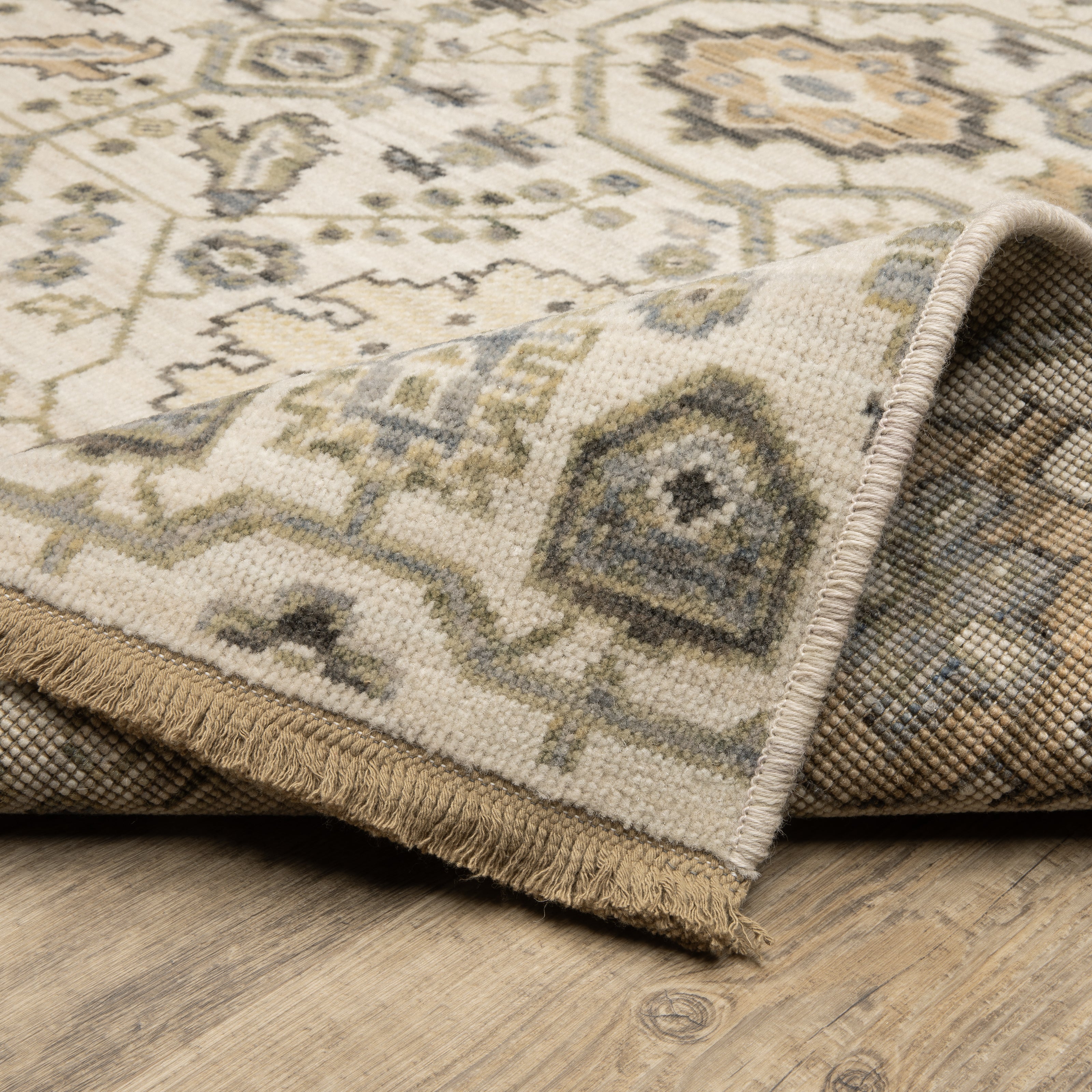 Acacia ACA11 Beige/Gold classic area rug with warm beige and gold tones, traditional pattern, wool nylon construction, and cotton fringe.