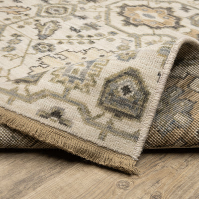 Acacia ACA11 Beige/Gold classic area rug with warm beige and gold tones, traditional pattern, wool nylon construction, and cotton fringe.