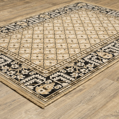 Acacia ACA12 Tan/Charcoal area rug with warm tan ground, charcoal contrast, traditional pattern detail, earthy accents, and cotton fringe.