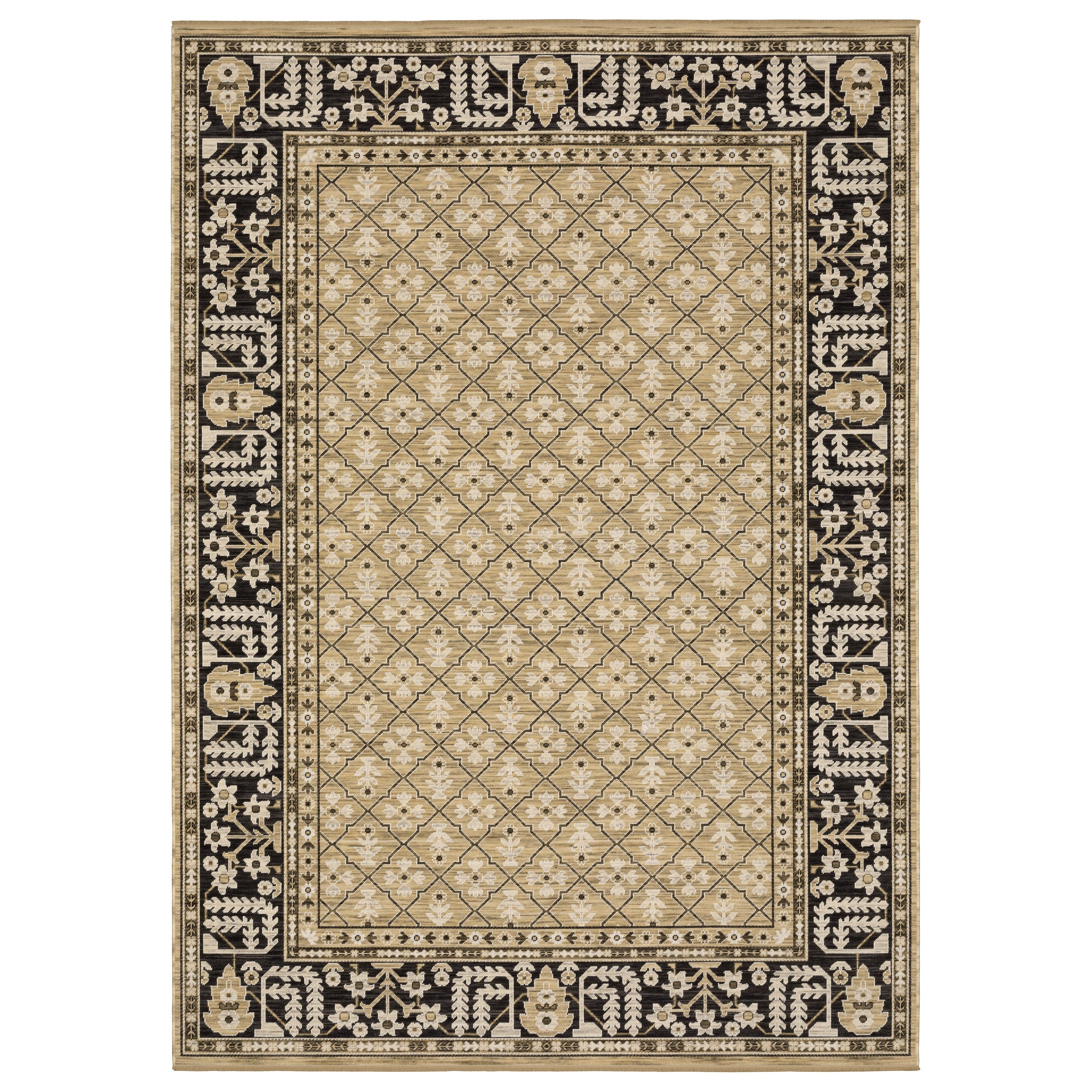 Acacia ACA12 Tan/Charcoal area rug with warm tan ground, charcoal contrast, traditional pattern detail, earthy accents, and cotton fringe.
