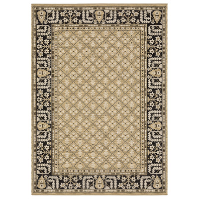 Acacia ACA12 Tan/Charcoal area rug with warm tan ground, charcoal contrast, traditional pattern detail, earthy accents, and cotton fringe.