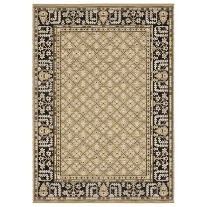 Acacia ACA12 Tan/Charcoal area rug with warm tan ground, charcoal contrast, traditional pattern detail, earthy accents, and cotton fringe.
