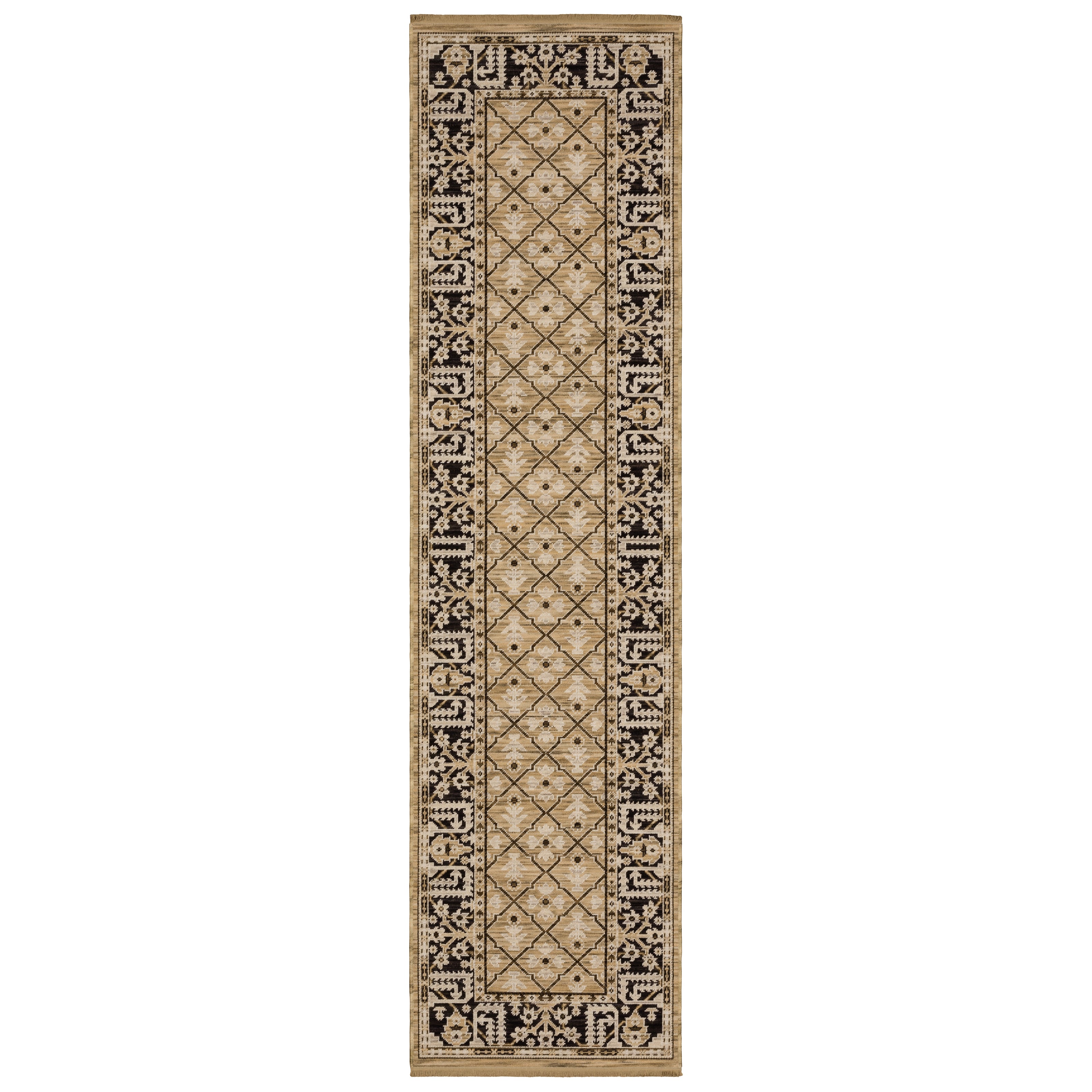 Acacia ACA12 Tan/Charcoal area rug with warm tan ground, charcoal contrast, traditional pattern detail, earthy accents, and cotton fringe.