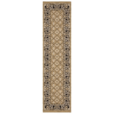 Acacia ACA12 Tan/Charcoal area rug with warm tan ground, charcoal contrast, traditional pattern detail, earthy accents, and cotton fringe.