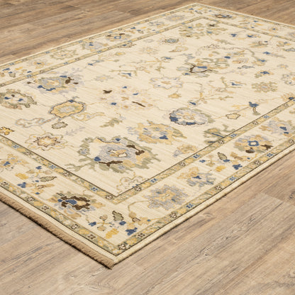 Acacia ACA13 Beige/Tan neutral traditional area rug with warm beige and tan tones, vintage-style pattern, wool nylon blend, and fringe.