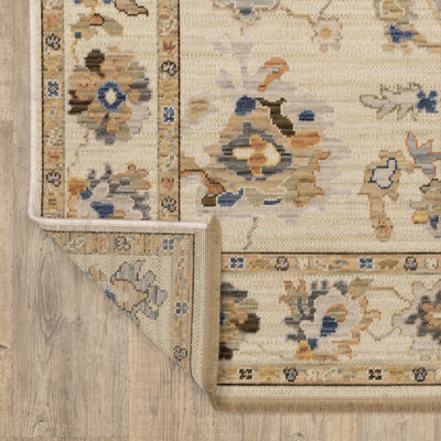 Acacia ACA13 Beige/Tan neutral traditional area rug with warm beige and tan tones, vintage-style pattern, wool nylon blend, and fringe.