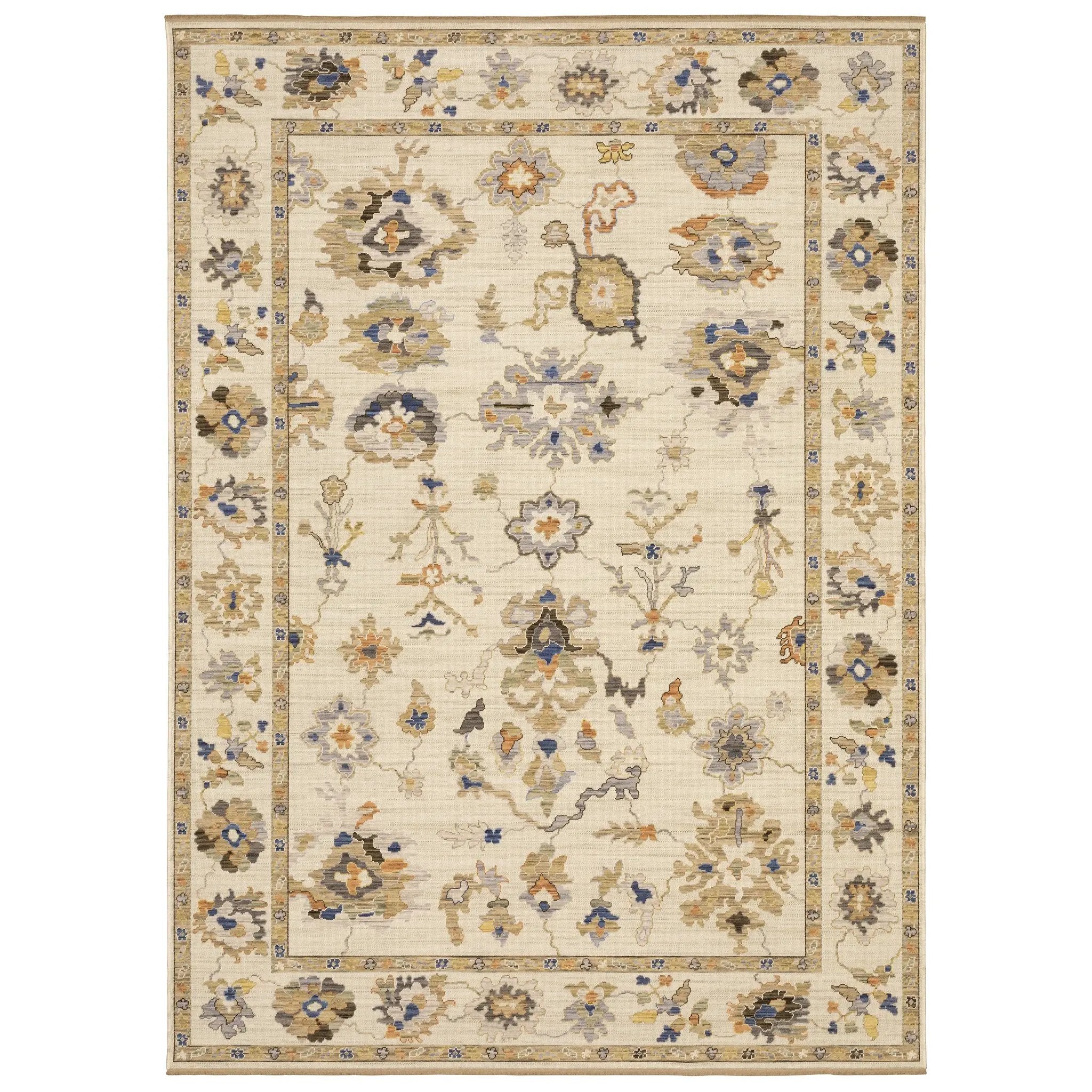 Acacia ACA13 Beige/Tan neutral traditional area rug with warm beige and tan tones, vintage-style pattern, wool nylon blend, and fringe.