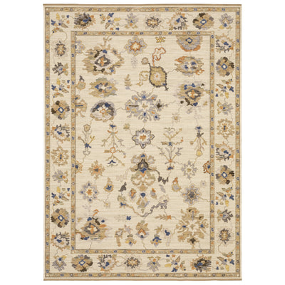 Acacia ACA13 Beige/Tan neutral traditional area rug with warm beige and tan tones, vintage-style pattern, wool nylon blend, and fringe.