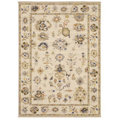 Acacia ACA13 Beige/Tan neutral traditional area rug with warm beige and tan tones, vintage-style pattern, wool nylon blend, and fringe.