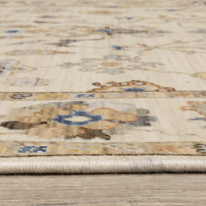 Acacia ACA13 Beige/Tan neutral traditional area rug with warm beige and tan tones, vintage-style pattern, wool nylon blend, and fringe.