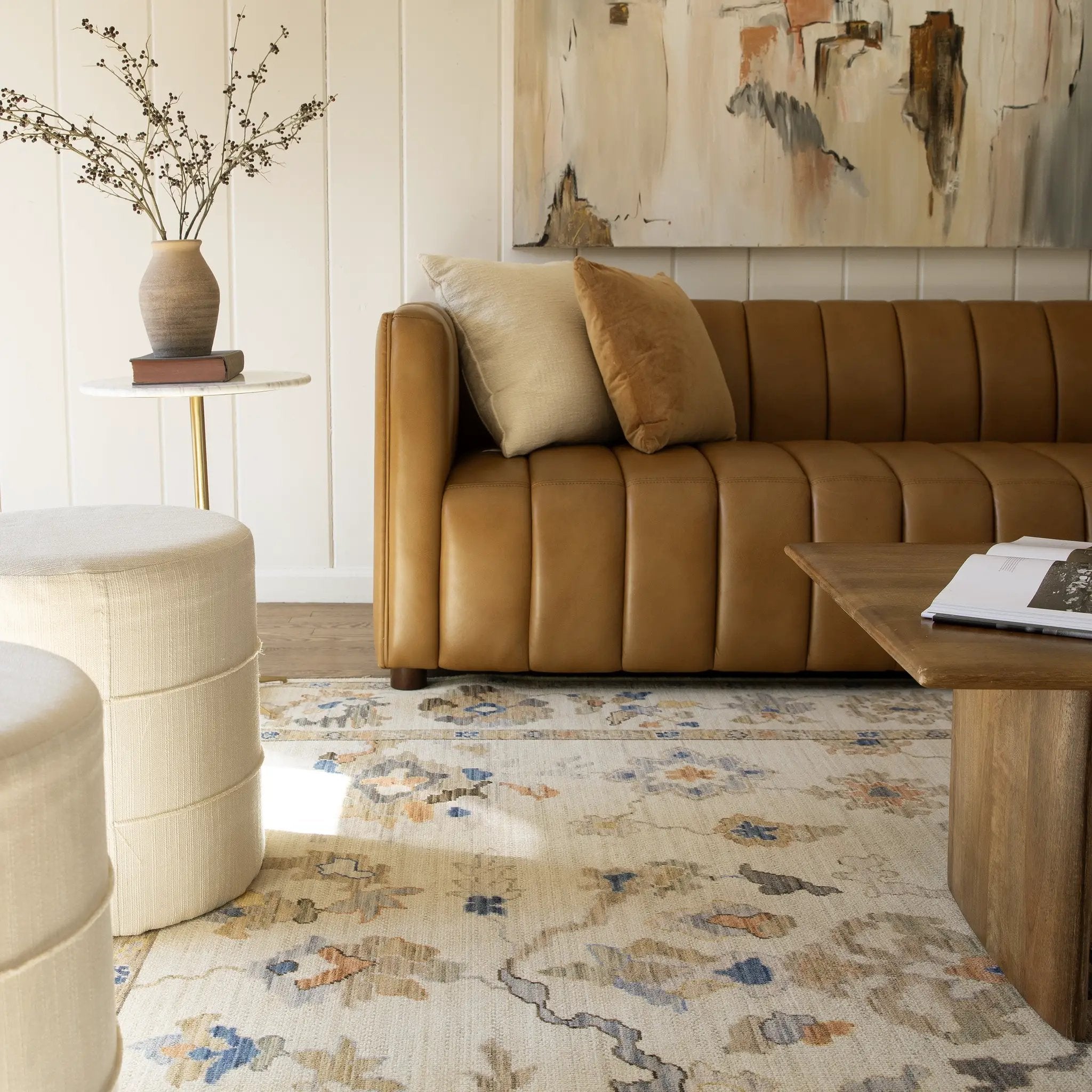 Acacia ACA13 Beige/Tan neutral traditional area rug with warm beige and tan tones, vintage-style pattern, wool nylon blend, and fringe.