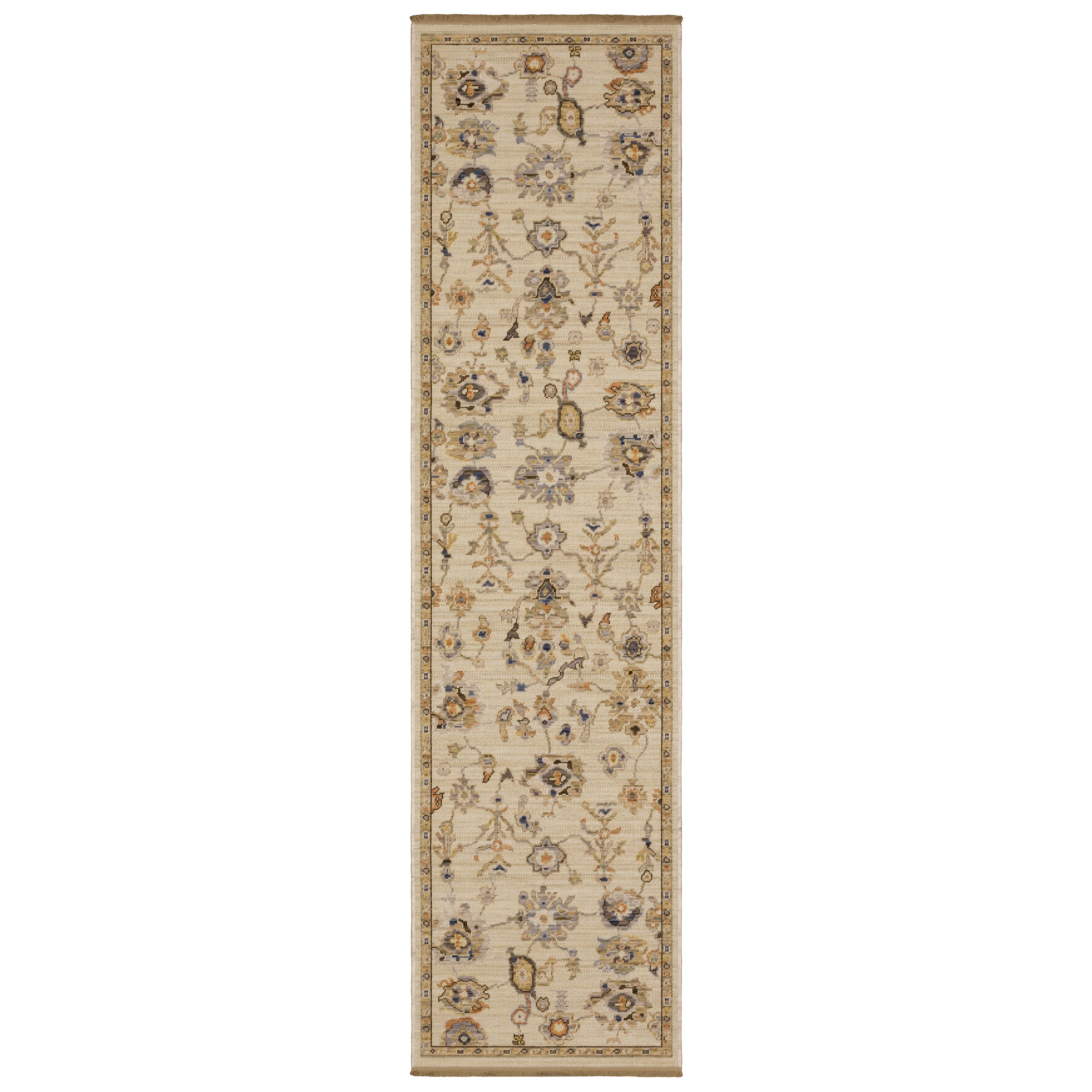 Acacia ACA13 Beige/Tan neutral traditional area rug with warm beige and tan tones, vintage-style pattern, wool nylon blend, and fringe.
