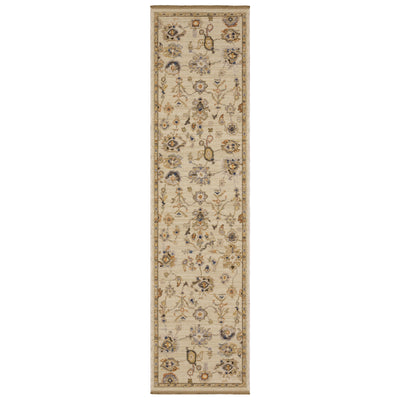 Acacia ACA13 Beige/Tan neutral traditional area rug with warm beige and tan tones, vintage-style pattern, wool nylon blend, and fringe.
