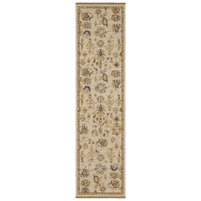 Acacia ACA13 Beige/Tan neutral traditional area rug with warm beige and tan tones, vintage-style pattern, wool nylon blend, and fringe.