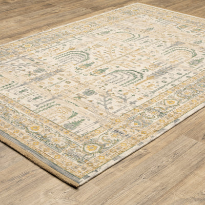 Acacia ACA14 Beige/Green nature-inspired traditional area rug with soft beige and green palette, warm accent colors, and cotton fringe.