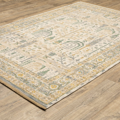 Acacia ACA14 Beige/Green nature-inspired traditional area rug with soft beige and green palette, warm accent colors, and cotton fringe.