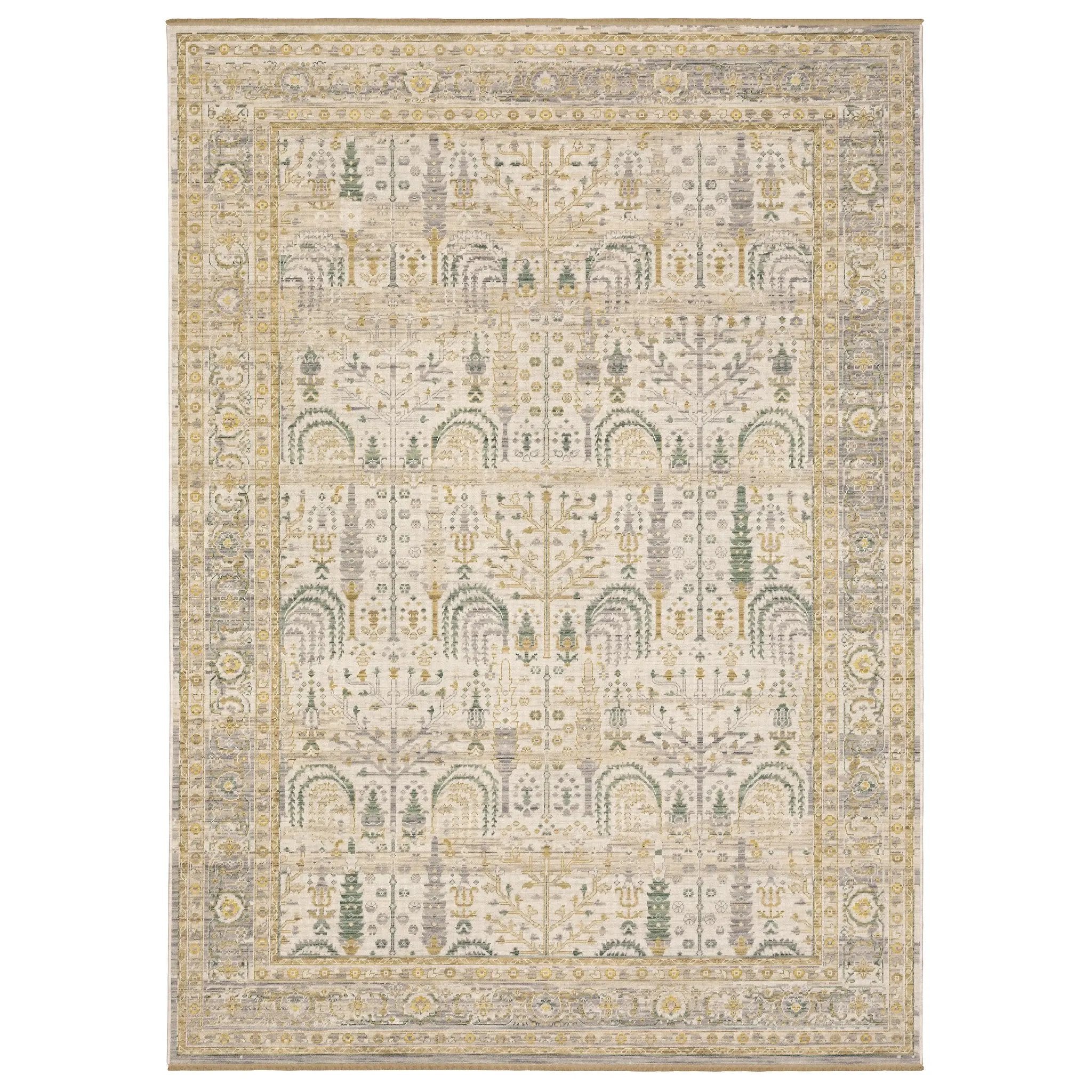 Acacia ACA14 Beige/Green nature-inspired traditional area rug with soft beige and green palette, warm accent colors, and cotton fringe.