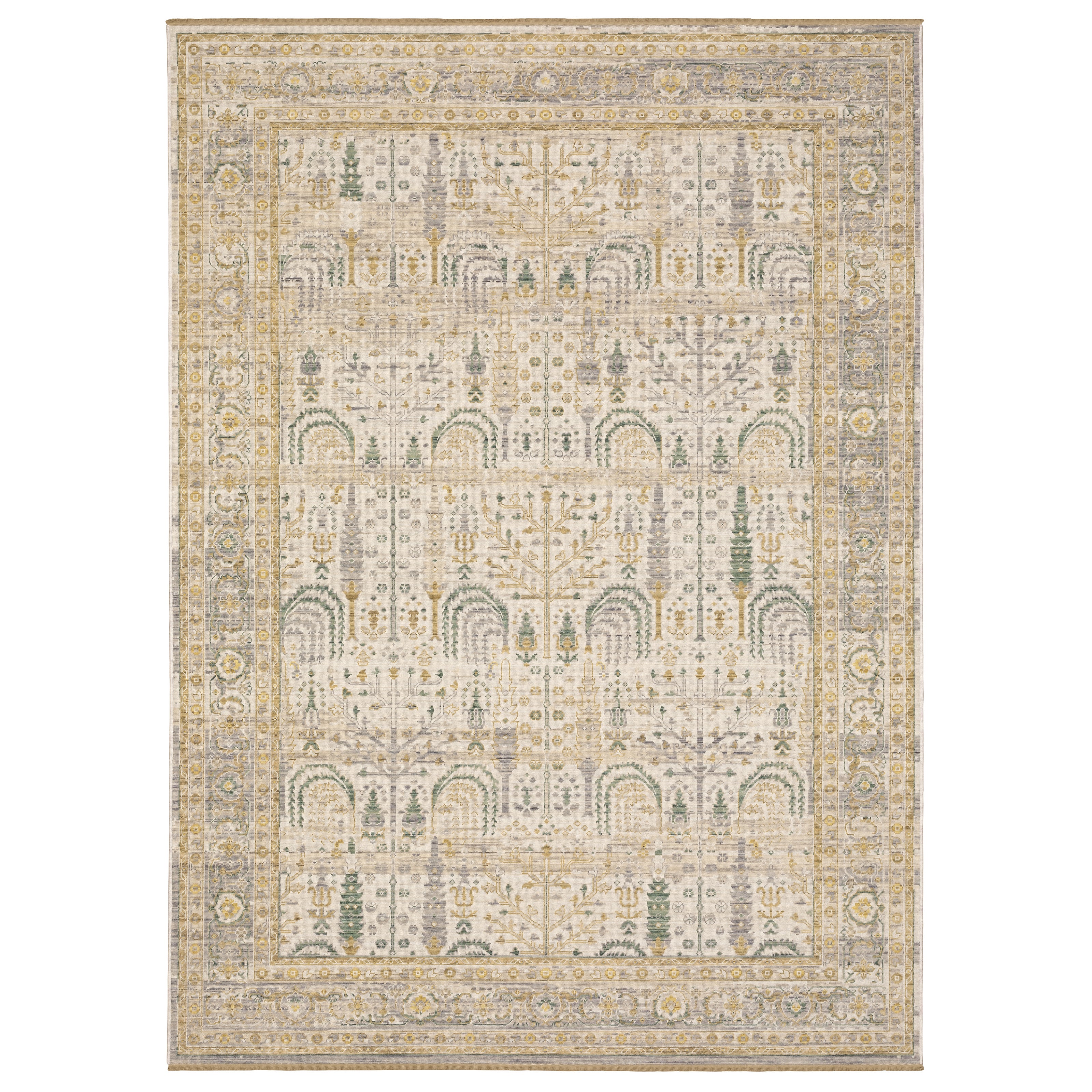 Acacia ACA14 Beige/Green nature-inspired traditional area rug with soft beige and green palette, warm accent colors, and cotton fringe.
