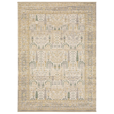 Acacia ACA14 Beige/Green nature-inspired traditional area rug with soft beige and green palette, warm accent colors, and cotton fringe.