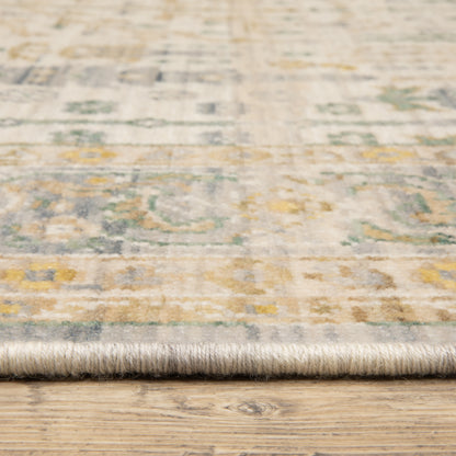 Acacia ACA14 Beige/Green nature-inspired traditional area rug with soft beige and green palette, warm accent colors, and cotton fringe.