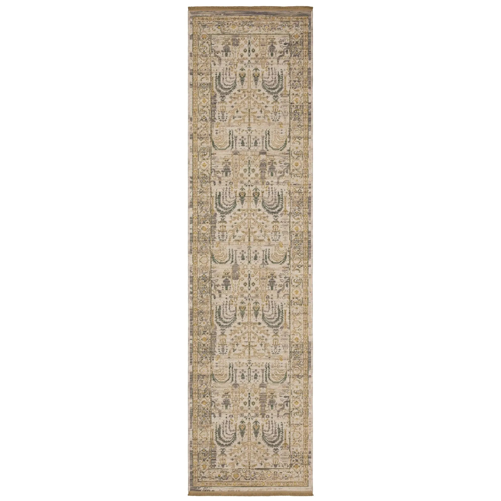Acacia ACA14 Beige/Green nature-inspired traditional area rug with soft beige and green palette, warm accent colors, and cotton fringe.