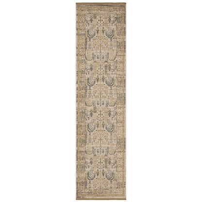 Acacia ACA14 Beige/Green nature-inspired traditional area rug with soft beige and green palette, warm accent colors, and cotton fringe.