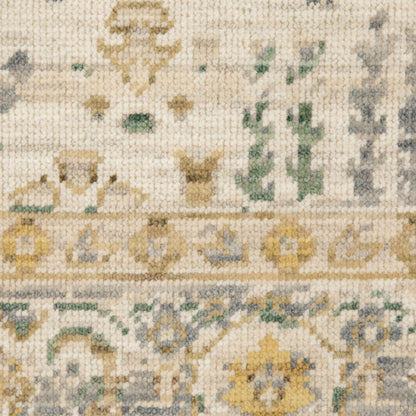 Acacia ACA14 Beige/Green nature-inspired traditional area rug with soft beige and green palette, warm accent colors, and cotton fringe.