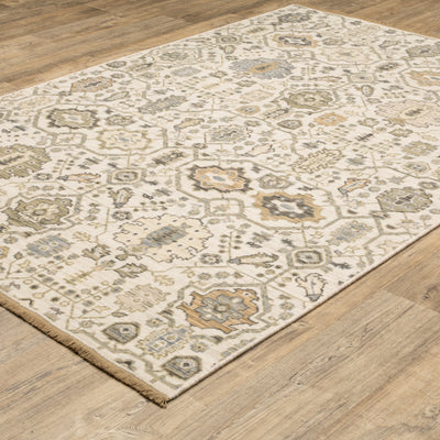 Acacia ACA16 Ivory/Gold elegant traditional area rug with refined ivory and gold palette, subtle accent colors, and cotton fringe.