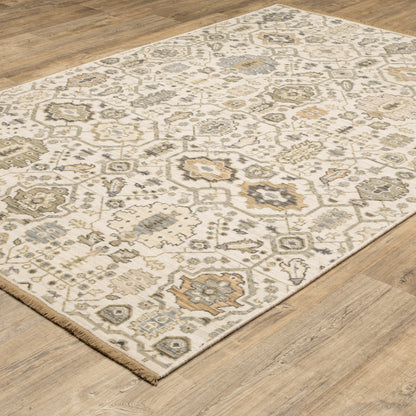 Acacia ACA16 Ivory/Gold elegant traditional area rug with refined ivory and gold palette, subtle accent colors, and cotton fringe.