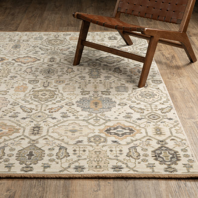 Acacia ACA16 Ivory/Gold elegant traditional area rug with refined ivory and gold palette, subtle accent colors, and cotton fringe.